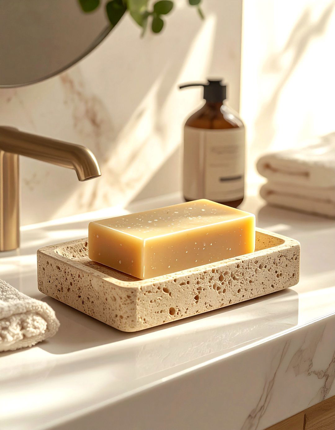 Travertine Soap Dish - 30 beige bathroom accessories ideas