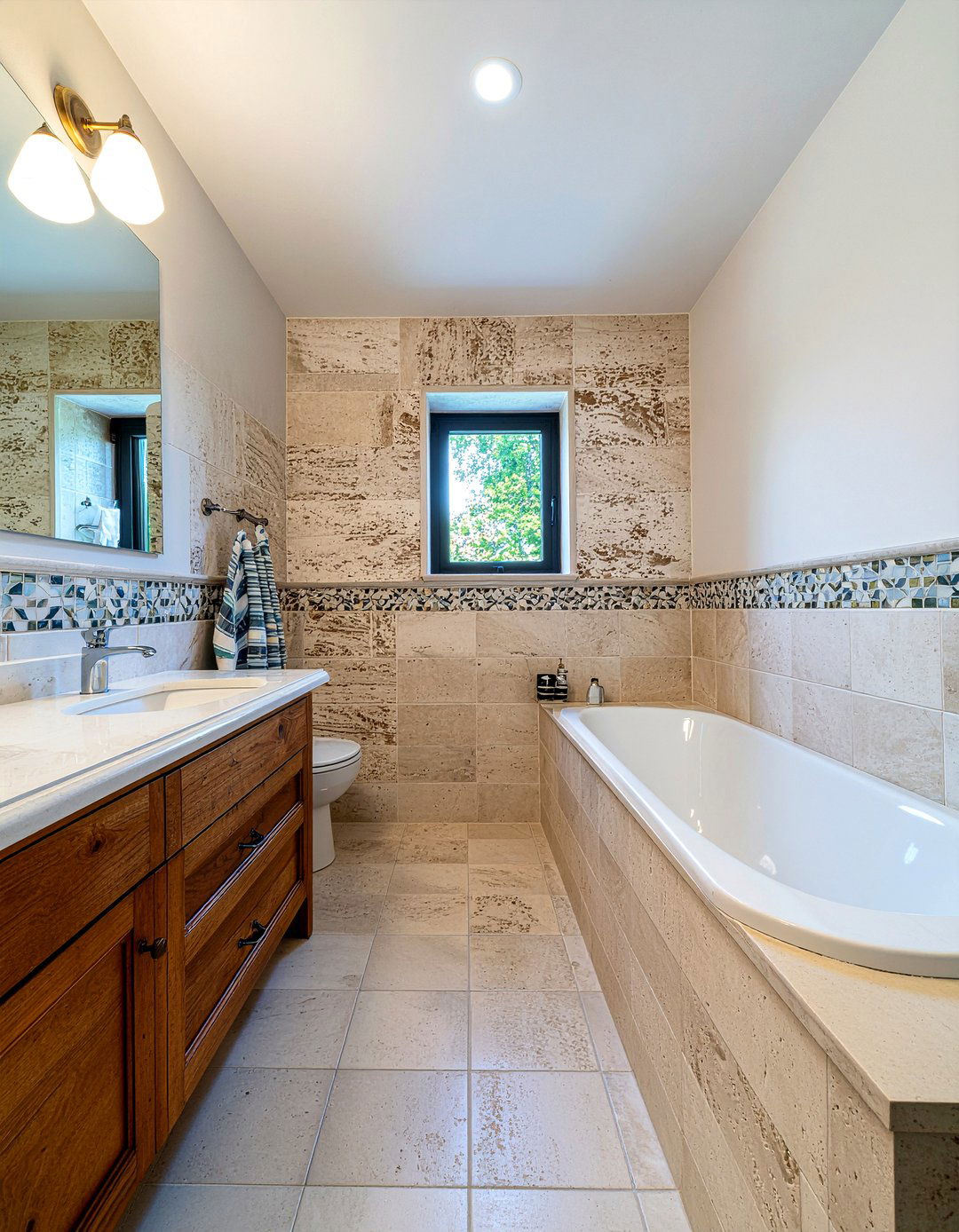 Travertine and mosaic tile - 30 mixed tile bathroom ideas