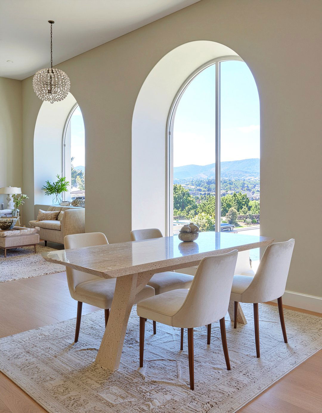 Travertine and velvet dining room - 30 dining room material mixing ideas