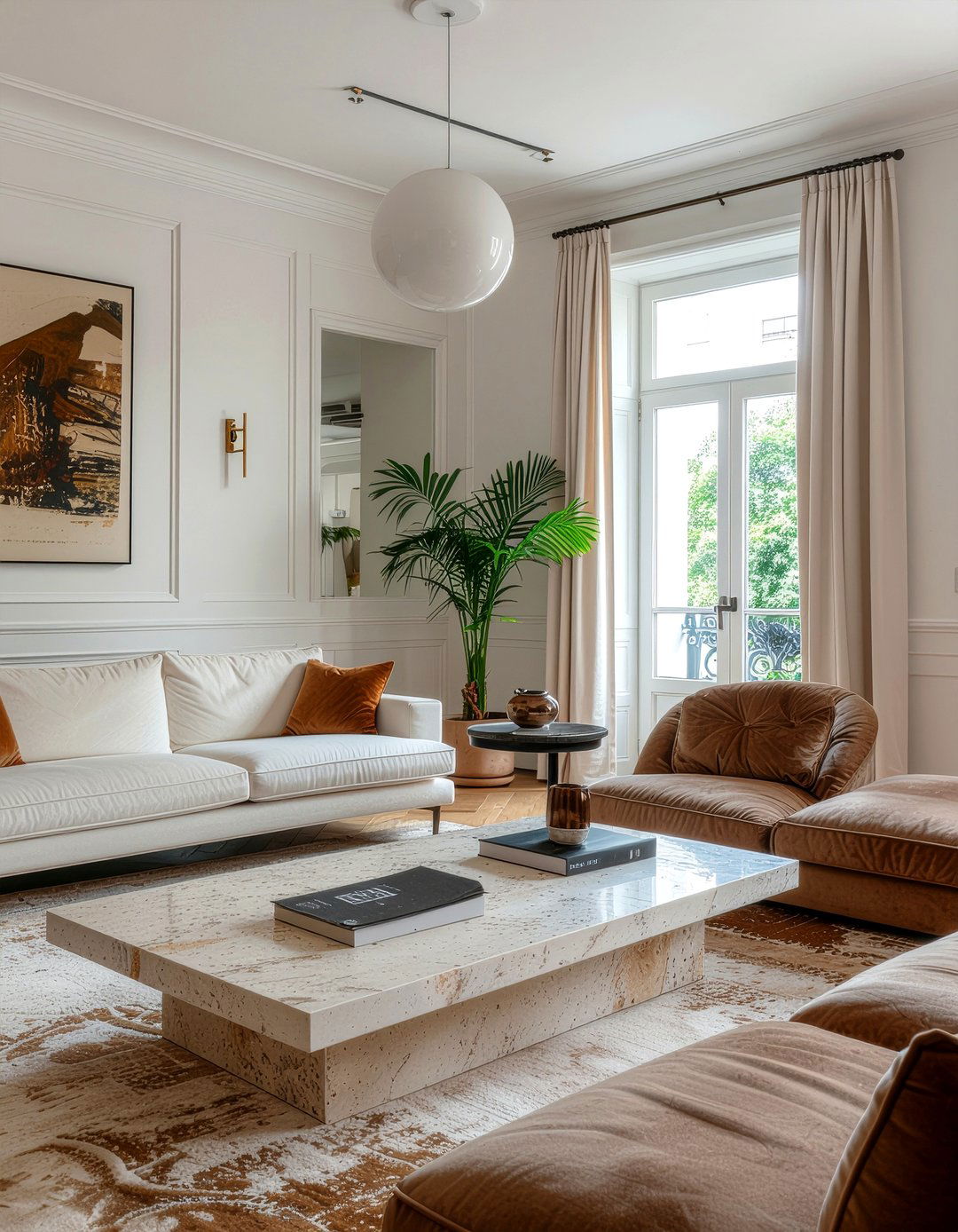 Travertine and velvet living room - 30 mixed material living room ideas