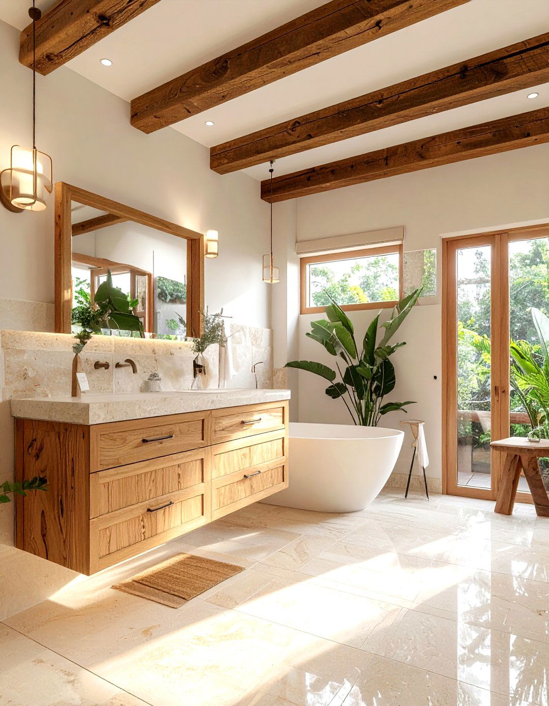 Travertine and wood bathroom - 30 travertine tile bathroom ideas