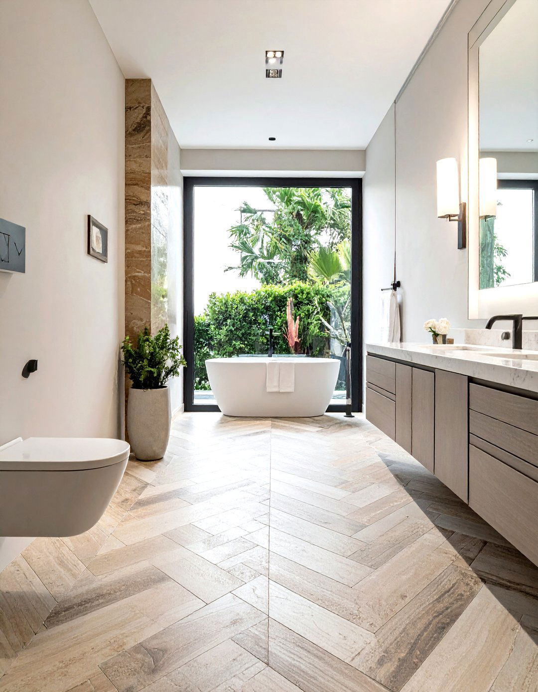 Travertine herringbone pattern floor - 30 travertine tile bathroom ideas