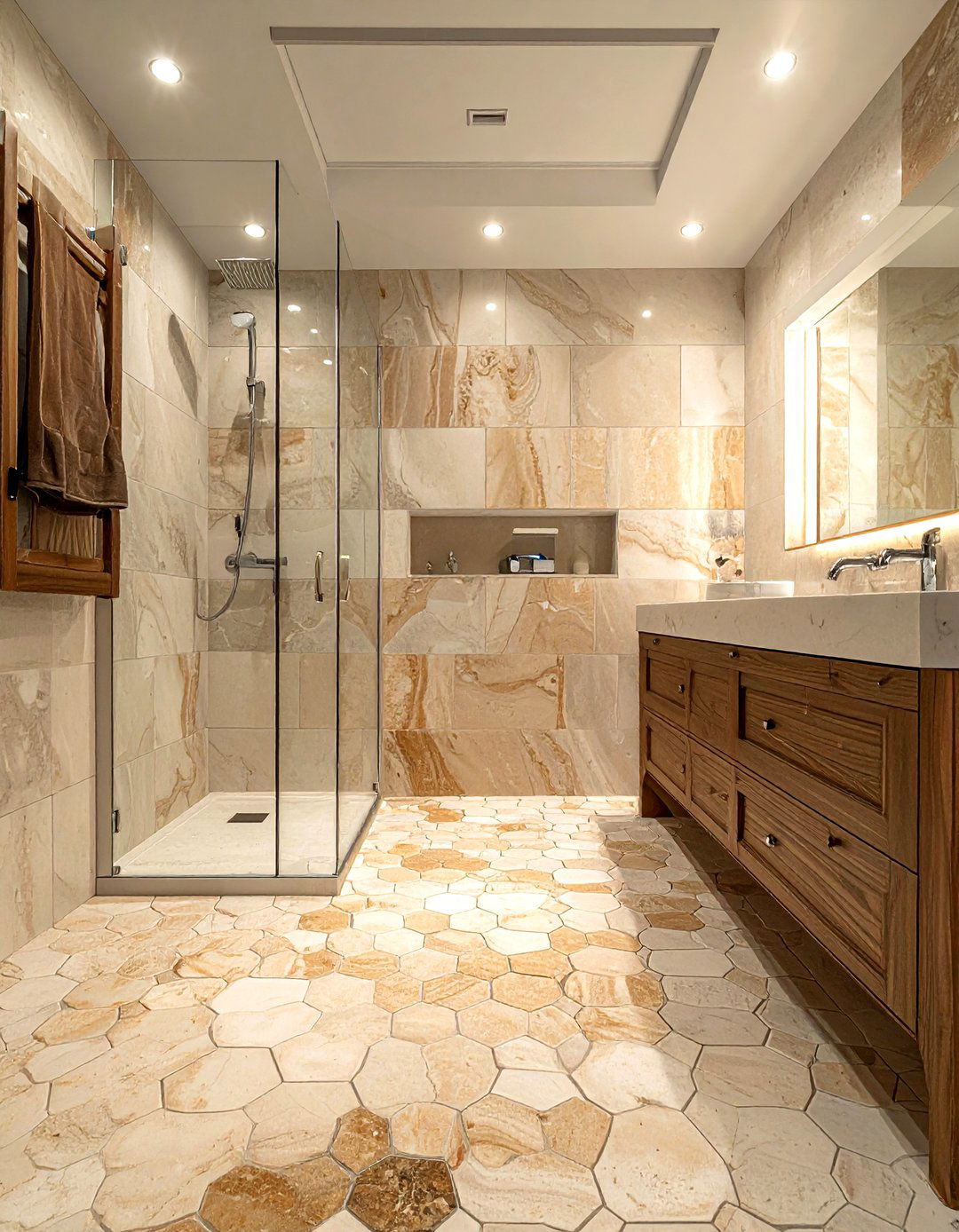 Travertine mosaic shower floor - 30 travertine tile bathroom ideas
