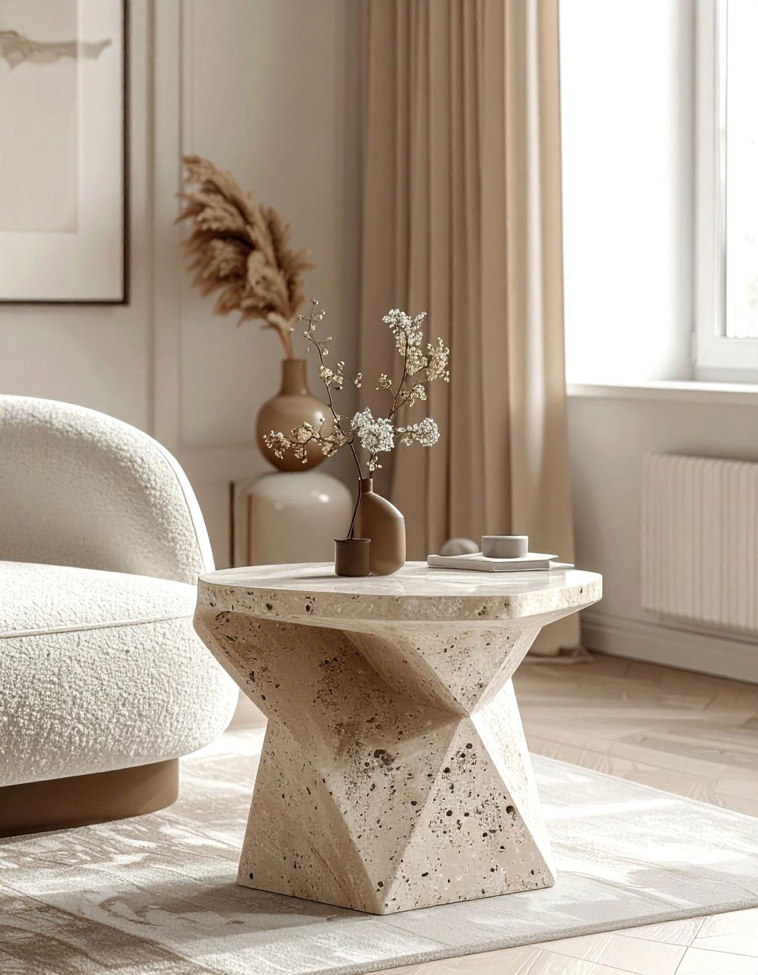 Travertine side table - 30 beige living room accessories ideas