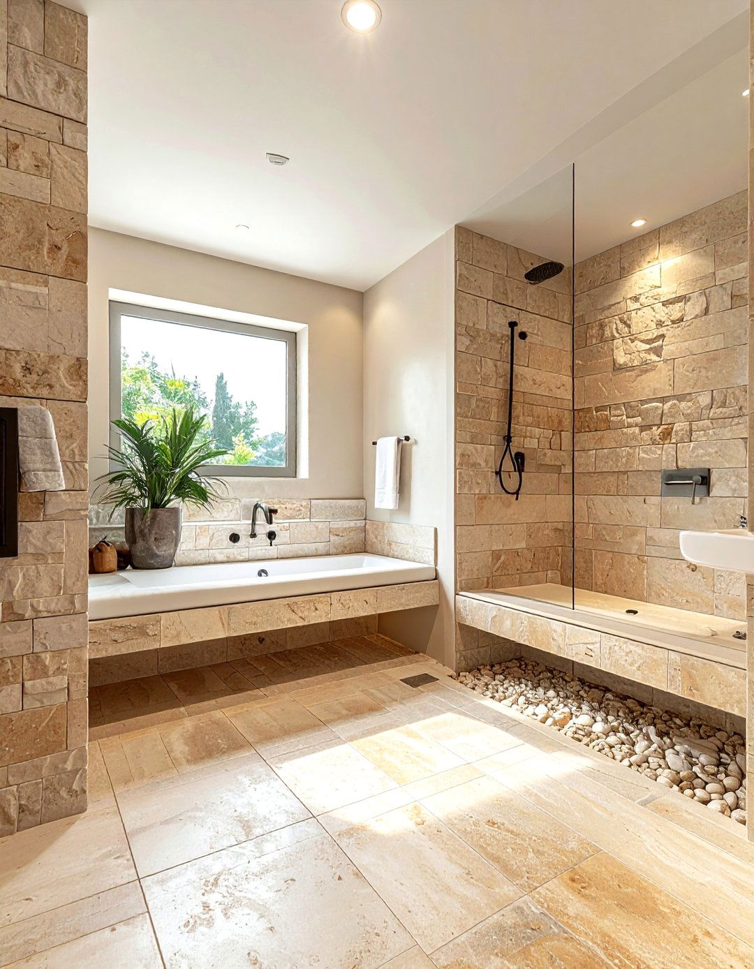 Travertine stacked stone walk in shower - 30 stacked stone bathroom ideas