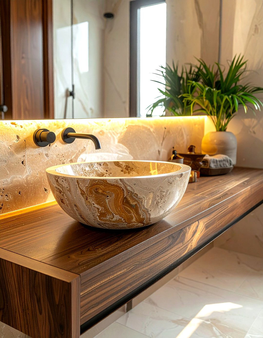 Travertine vessel sink vanity - 30 travertine tile bathroom ideas