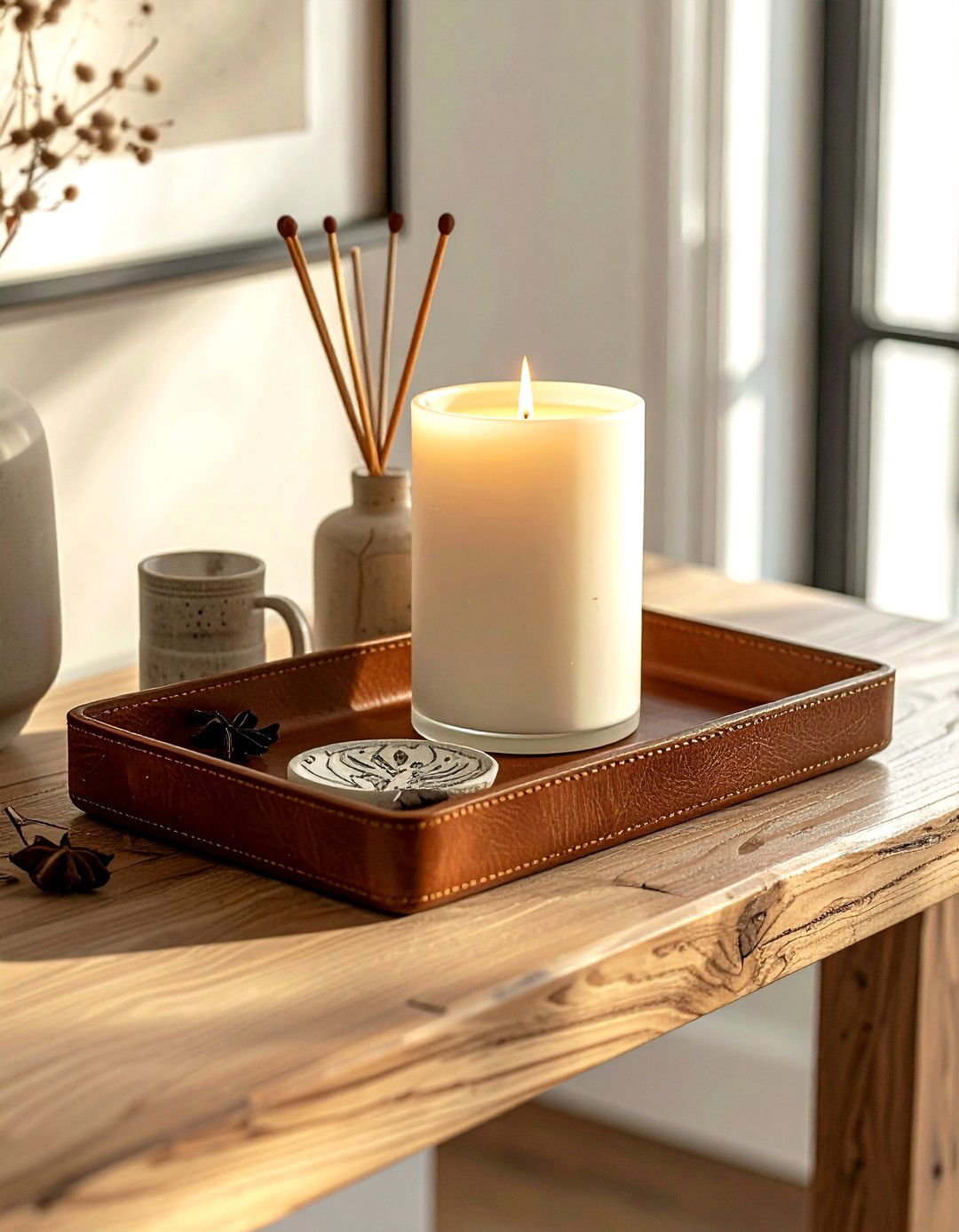 Tray and candle console table - 30 console table decor ideas