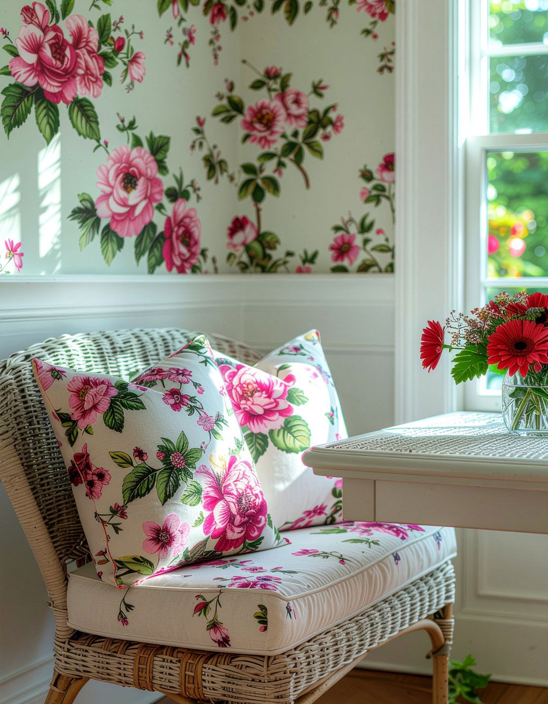 Trellis Wallpaper And Floral Cushions - 30 dining room pattern mixing ideas