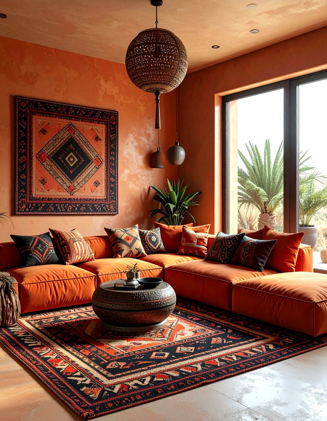 Tribal print and solid texture living room - 30 living room pattern mixing ideas