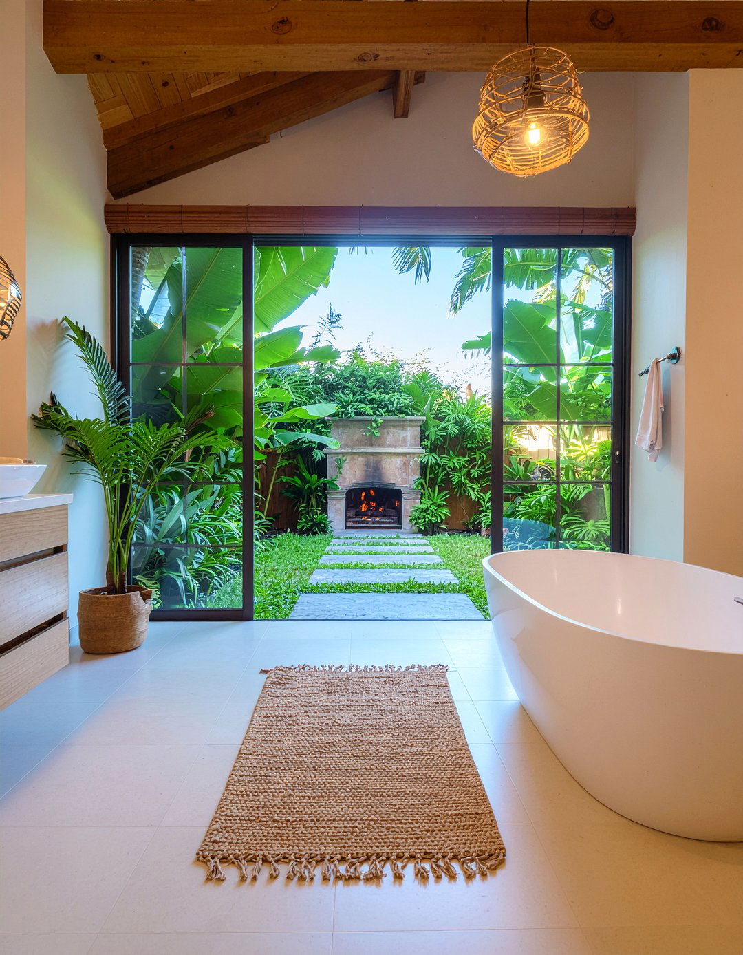 Tropical Bathroom With Outdoor Fireplace View - 30 freestanding tub with fireplace ideas