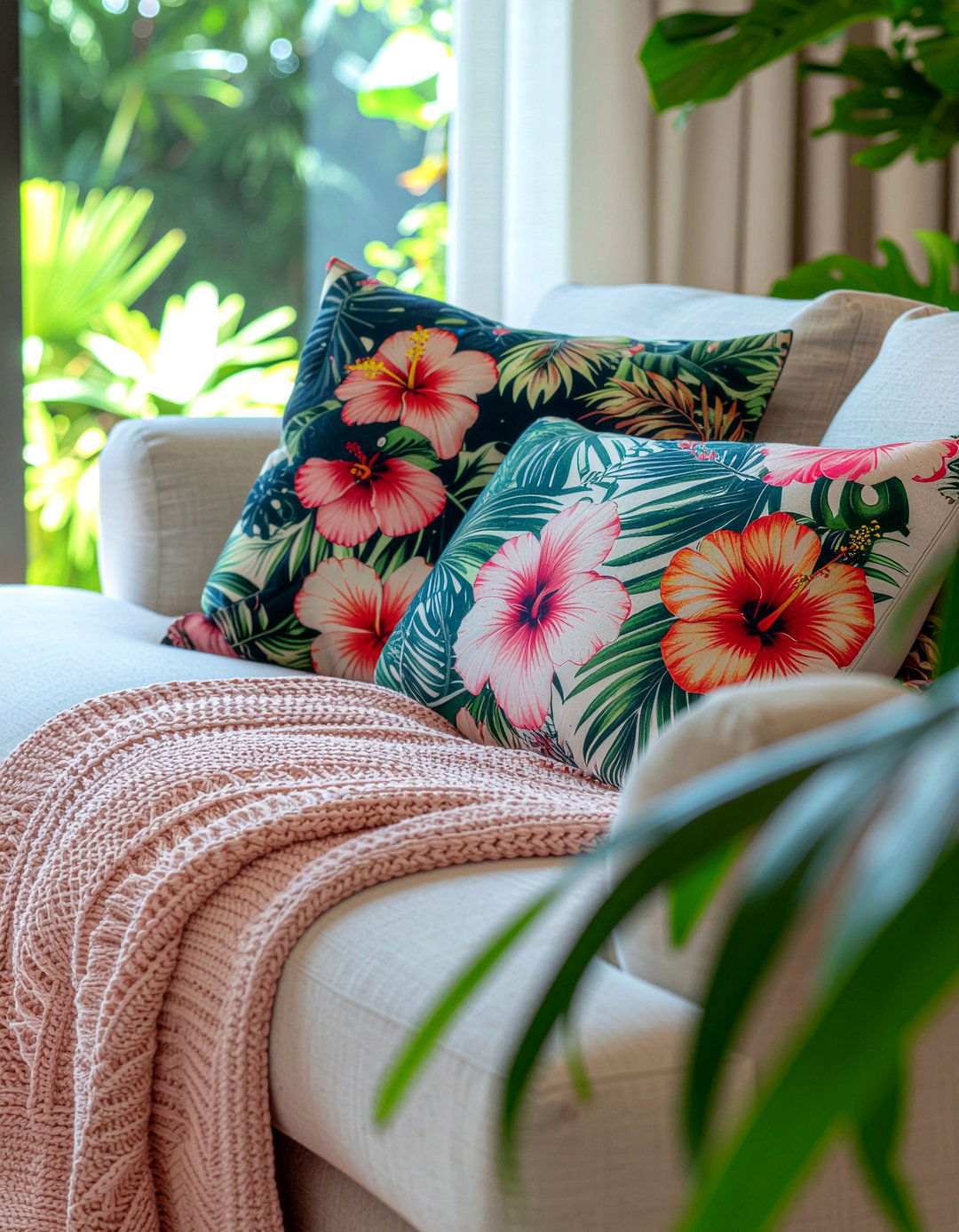 Tropical Floral Cushions - 30 tropical living room ideas