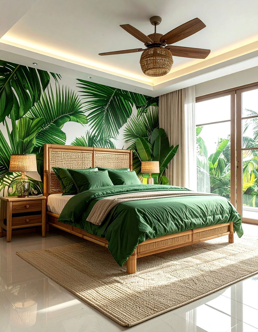 Tropical Green Leaf Bedroom - 30 contemporary green bedroom ideas