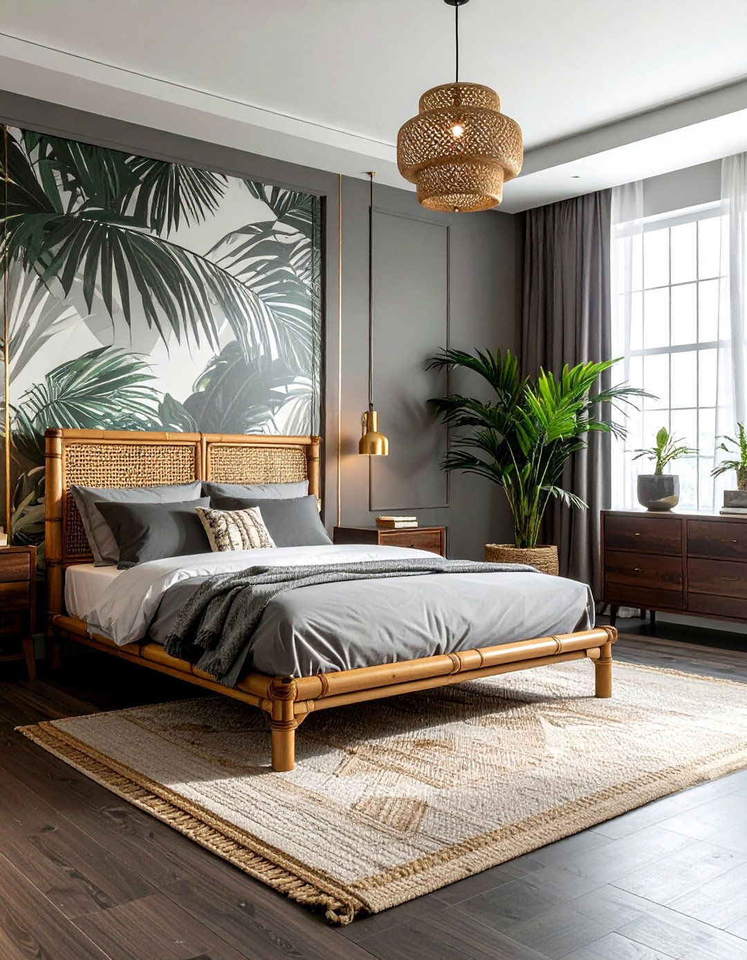 Tropical Grey Palm Leaf Decor - 30 coastal grey bedroom ideas
