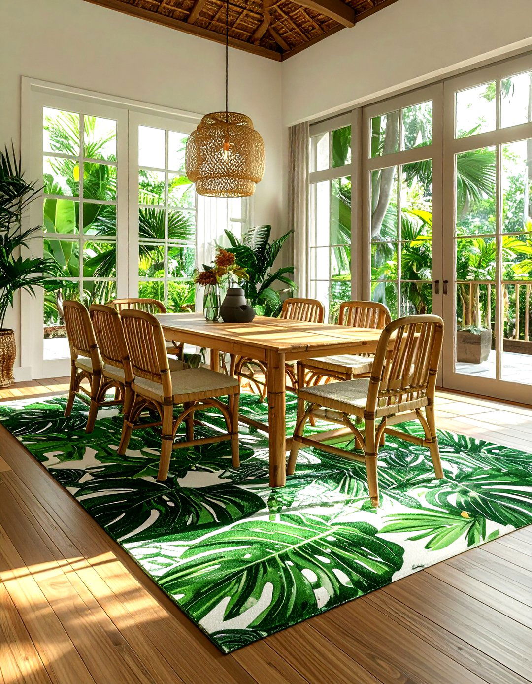 Tropical Leaf Rug - 30 indoor outdoor rug dining room ideas