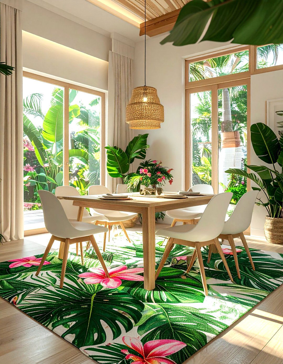 Tropical Leaf Rug Dining Room - 30 colorful rug dining room ideas