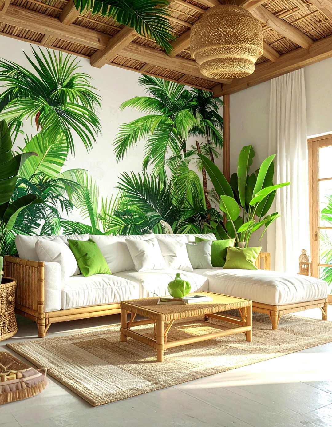 Tropical Palm Ceiling - 30 living room wallpapered ceiling ideas