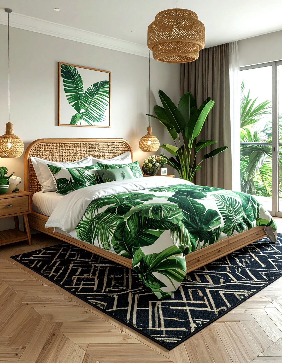 Tropical and geometric rug bedroom - 30 bedroom pattern mixing ideas