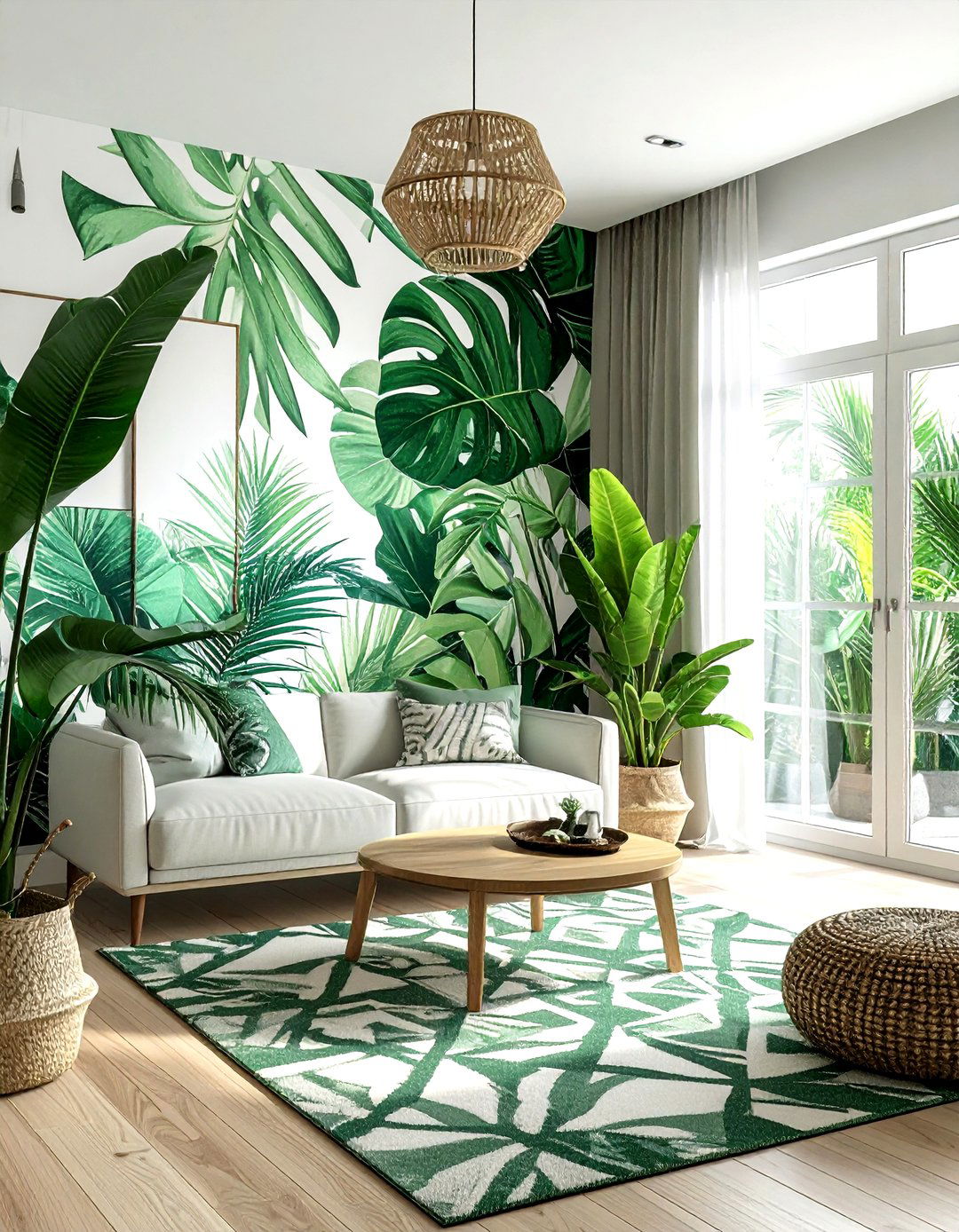 Tropical leaf and geometric living room - 30 living room pattern mixing ideas