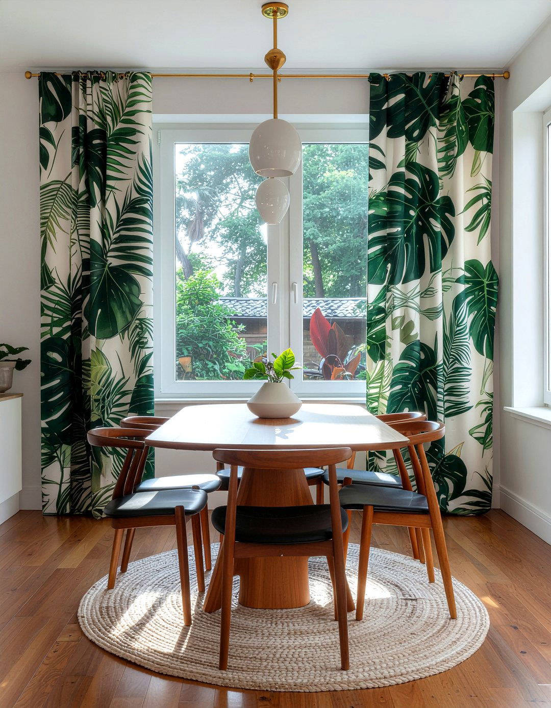 Tropical leaf curtains dining room - 30 patterned curtain dining room ideas