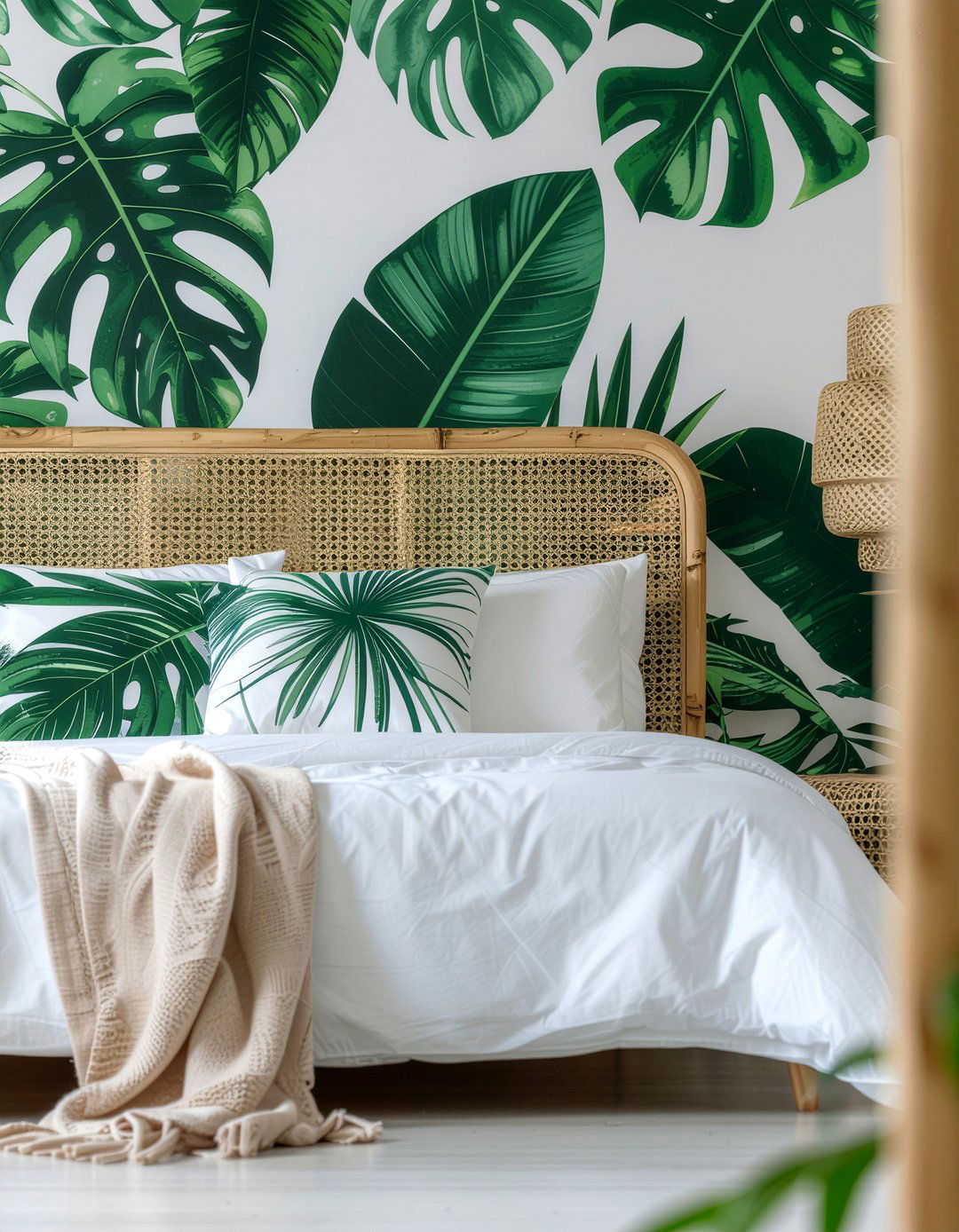 Tropical palm leaf print - 30 travel themed bedroom ideas