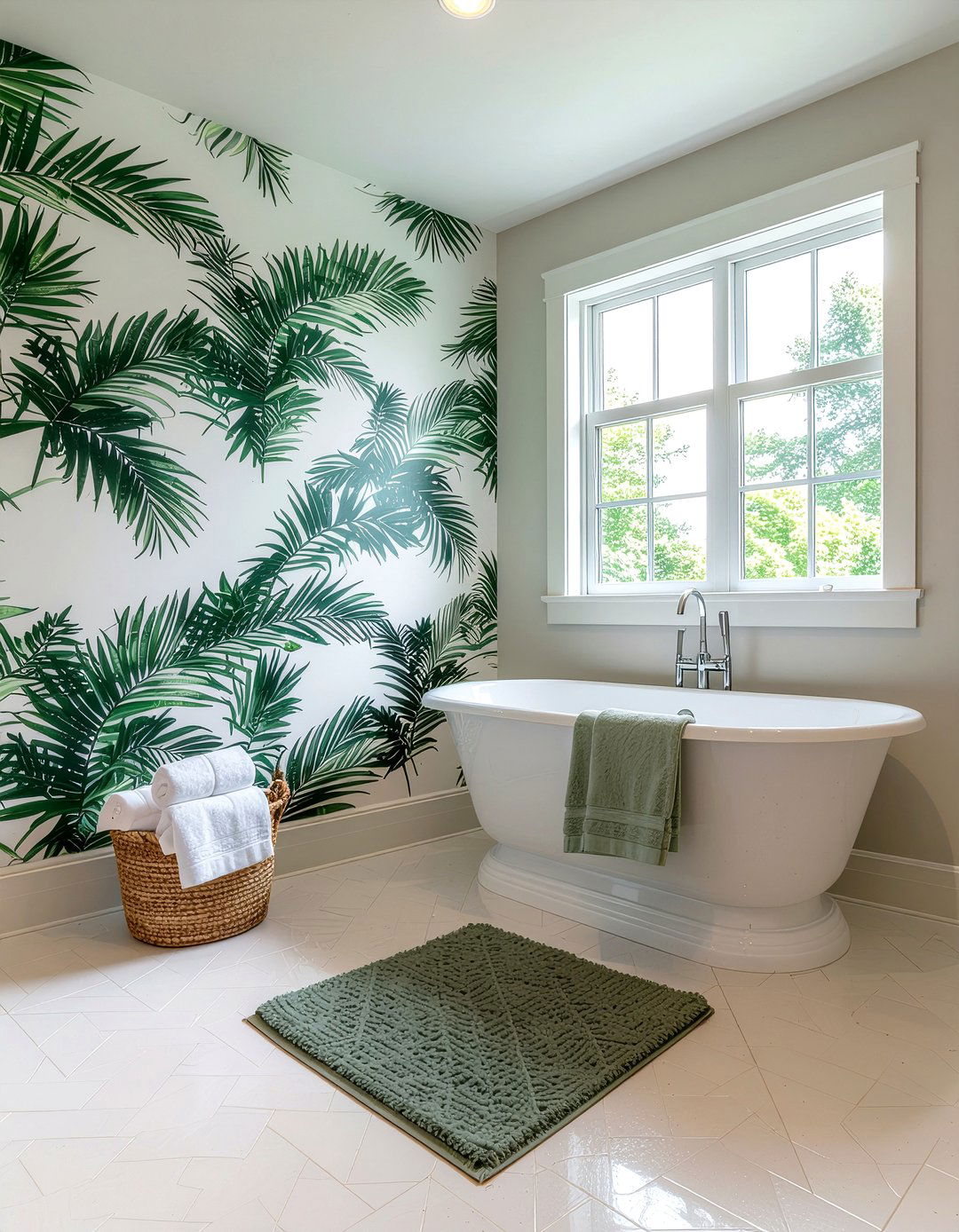 Tropical wallpaper and penny tile - 30 bathroom pattern mixing ideas