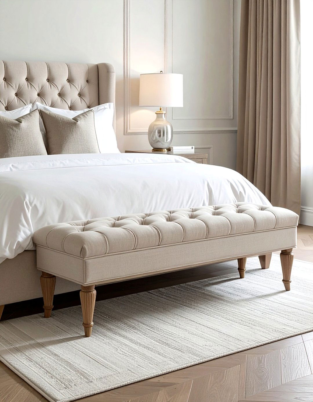 Tufted Bench Seat - 30 beige bedroom accessories ideas
