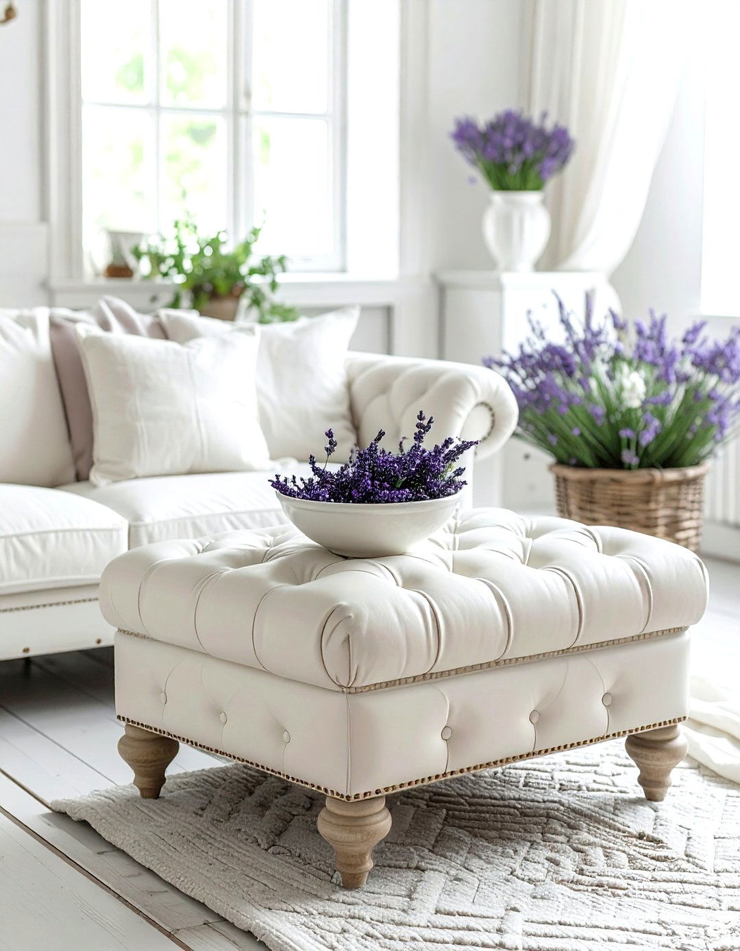 Tufted Cream Leather Ottoman - 30 living room leather ottoman ideas