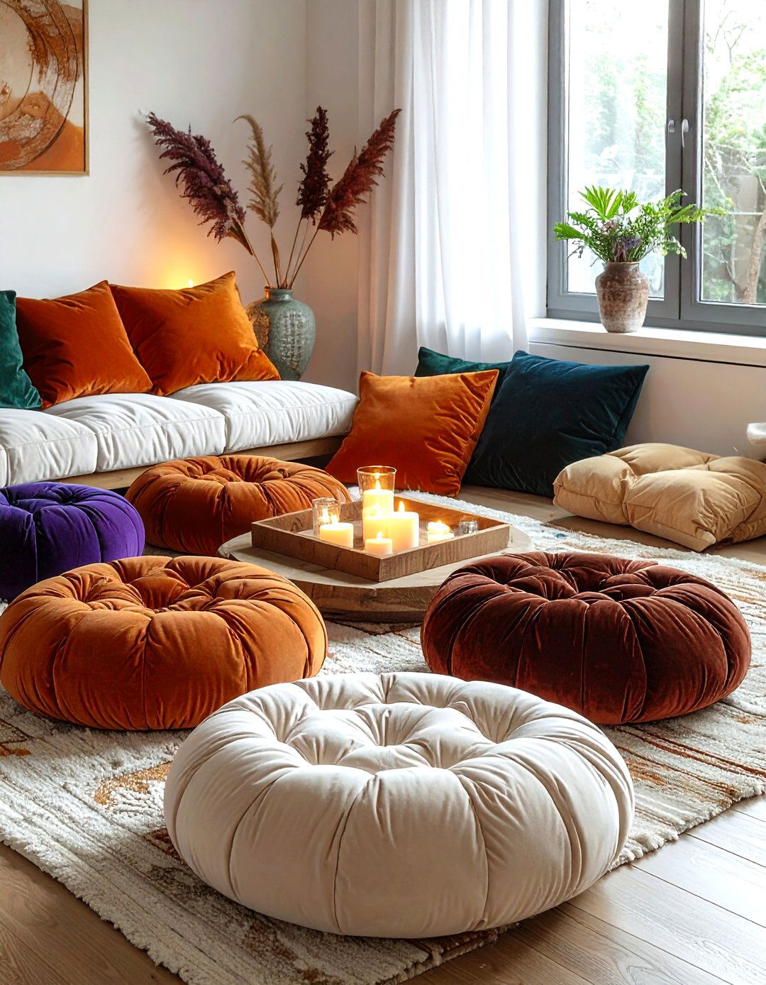 Tufted Floor Cushion - 30 living room Bohemian furniture ideas