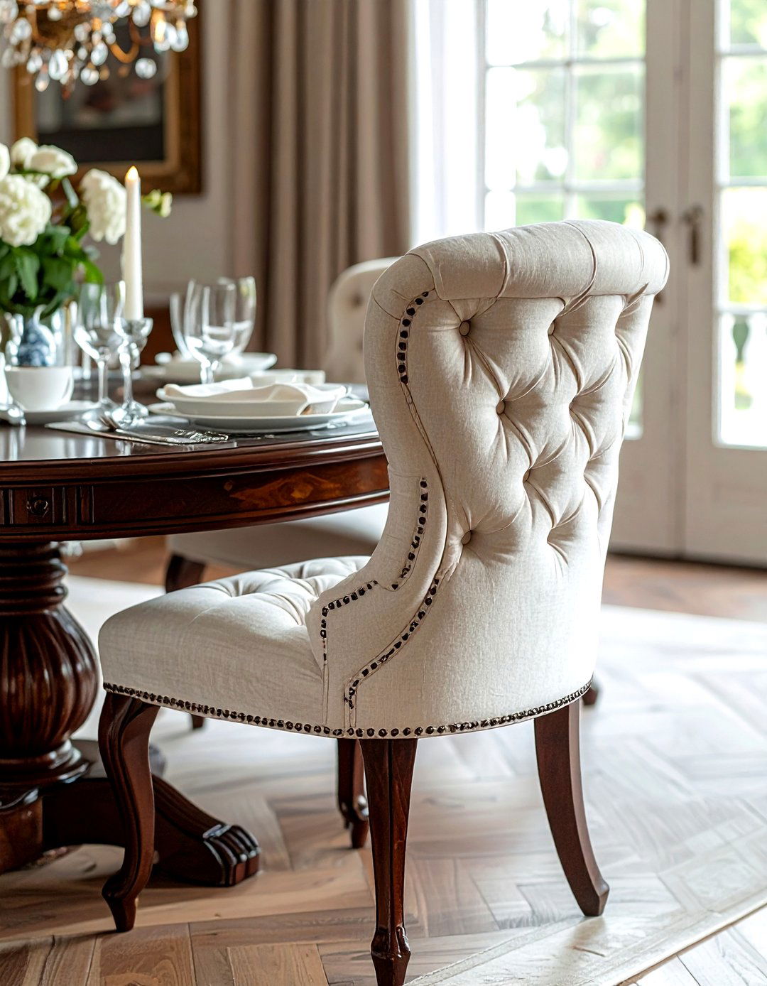 Tufted Linen High Back Chair - 30 linen dining room ideas