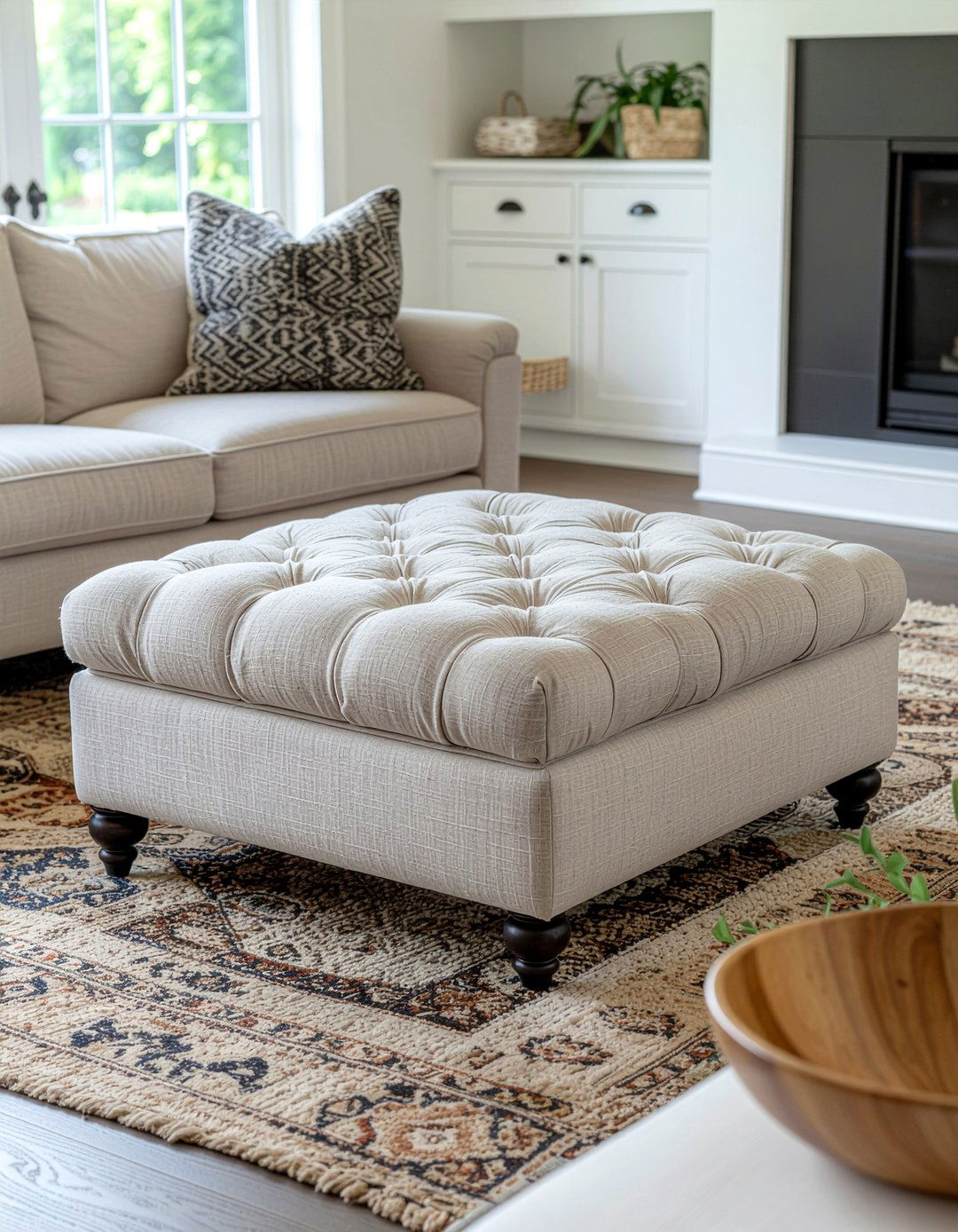 Tufted Linen Ottoman - 30 living room cottage furniture ideas