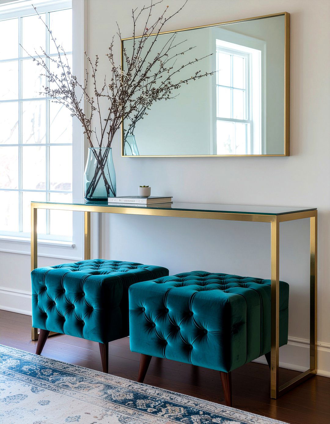 Tufted Ottoman Under Console Table - 30 living room tufted ottoman ideas