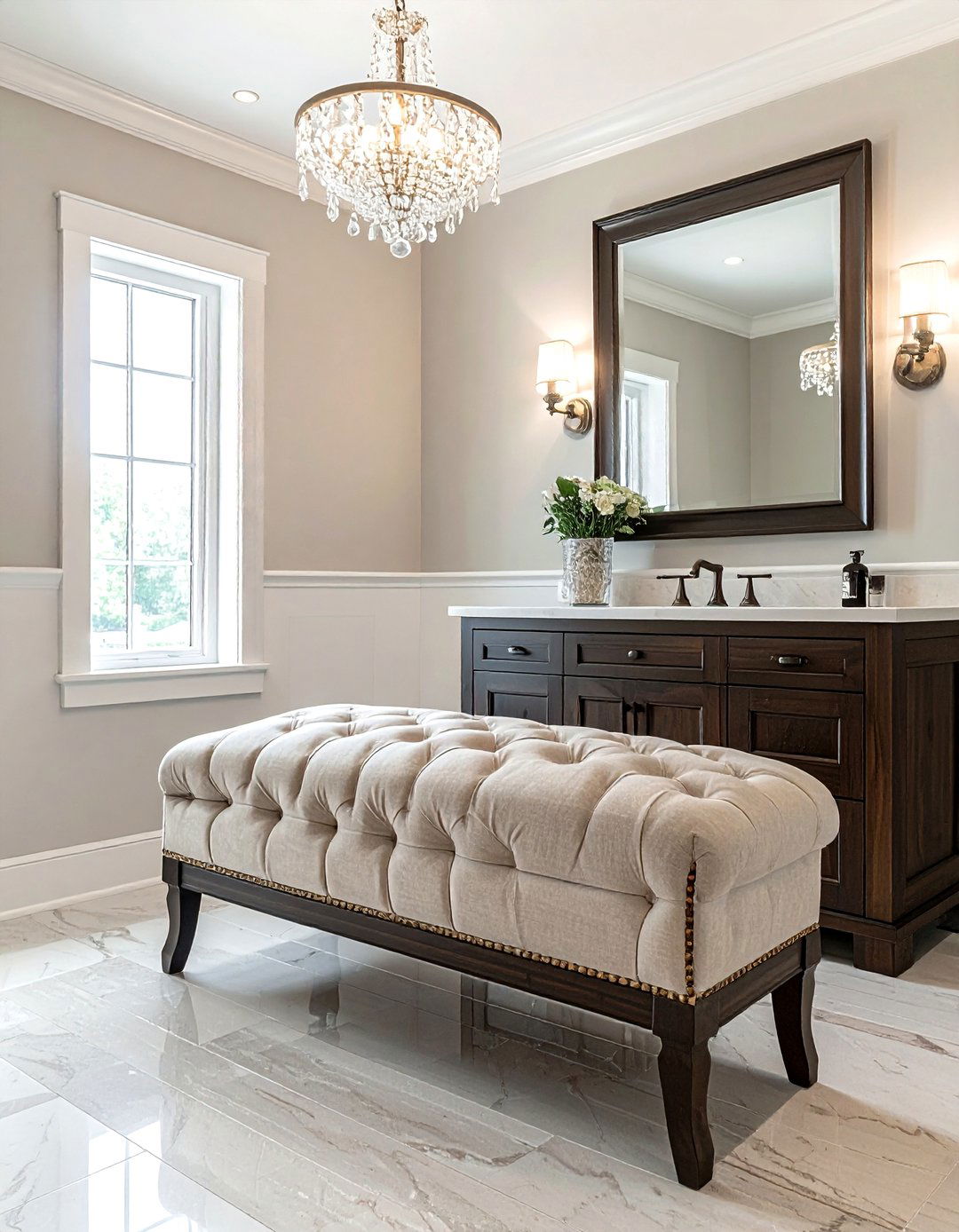 Tufted bench for master bath - 30 bathroom seating arrangements ideas