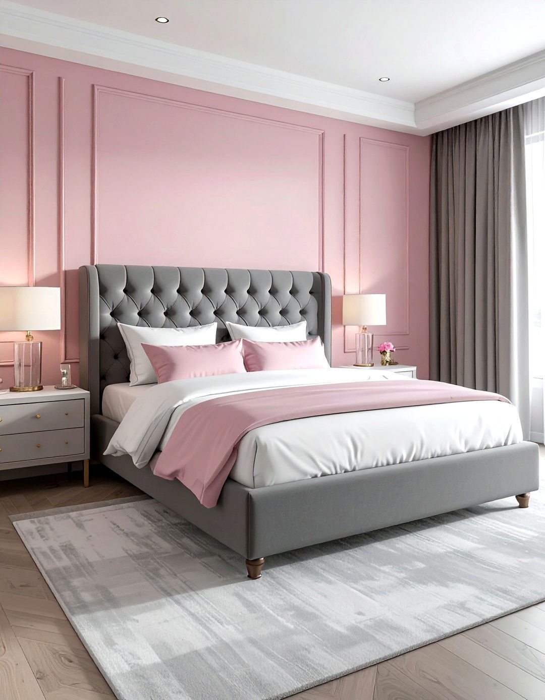 Tufted headboard pink gray bedroom - 30 pink gray bedroom ideas