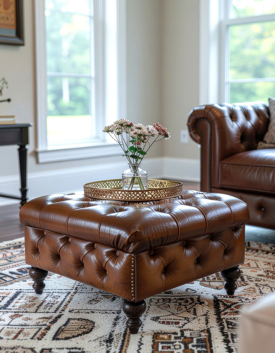 Tufted leather ottoman - 30 mid-century glam living room ideas