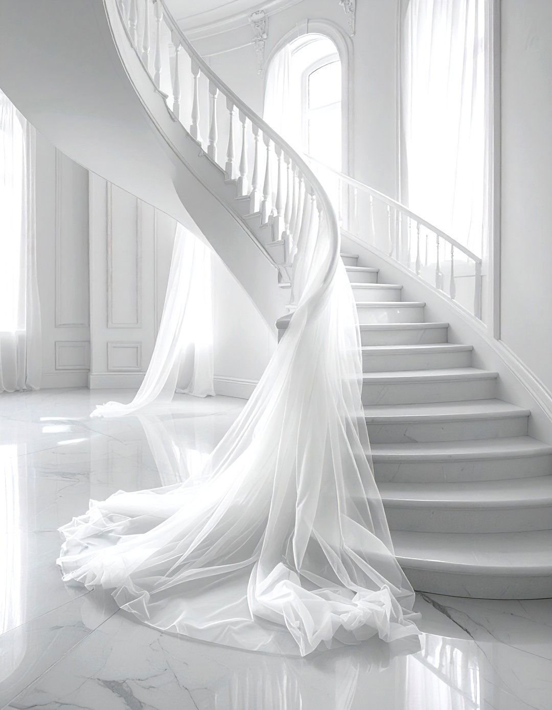 Tulle Staircase Drape - 30 banister decor ideas