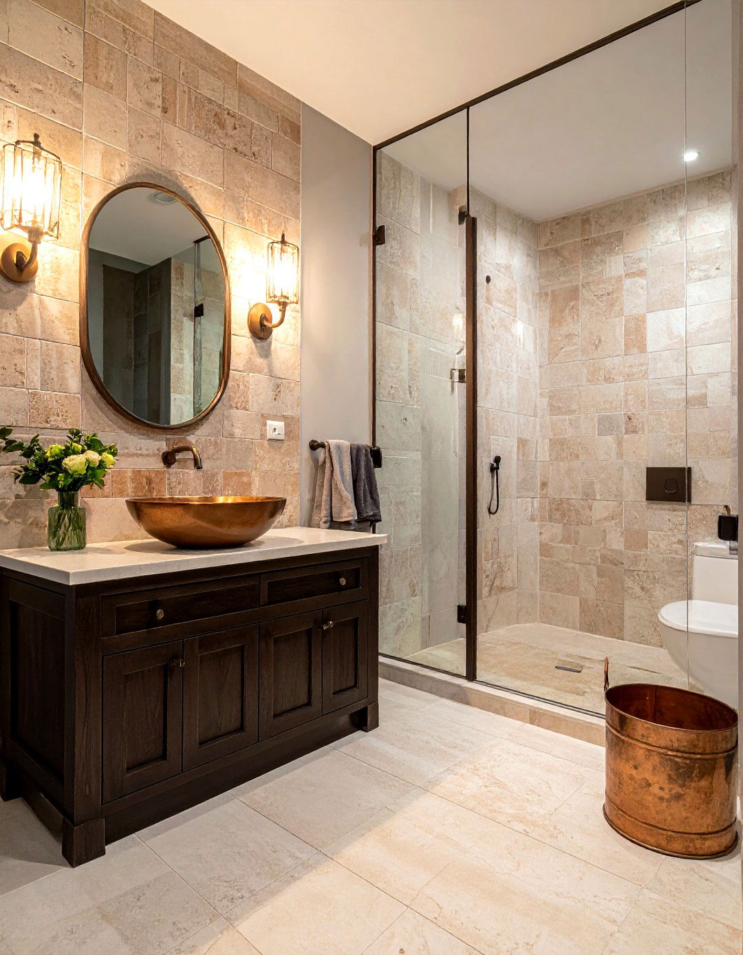 Tumbled Travertine Backsplash - 30 travertine bathroom ideas