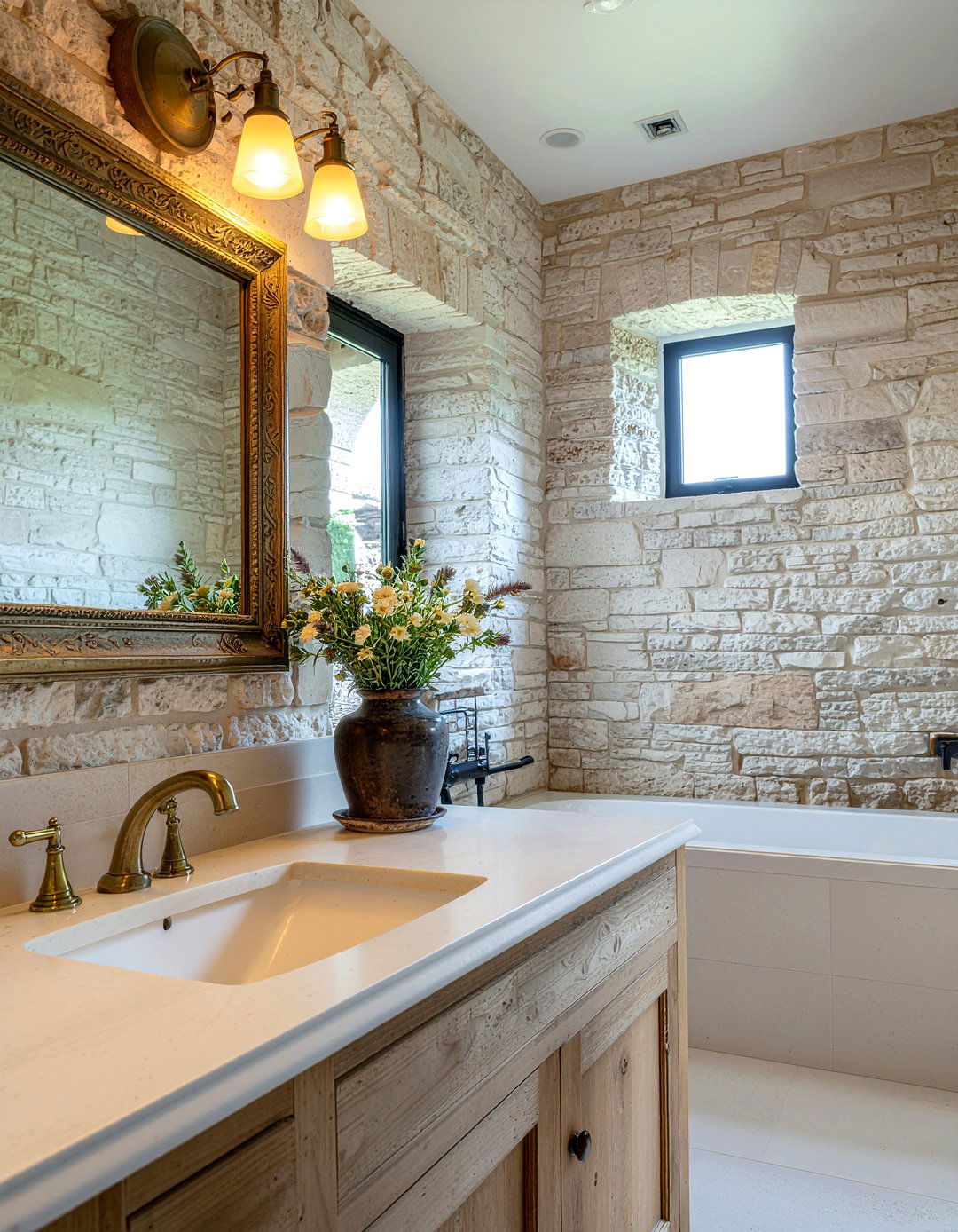 Tumbled limestone walls - 30 limestone tile bathroom ideas