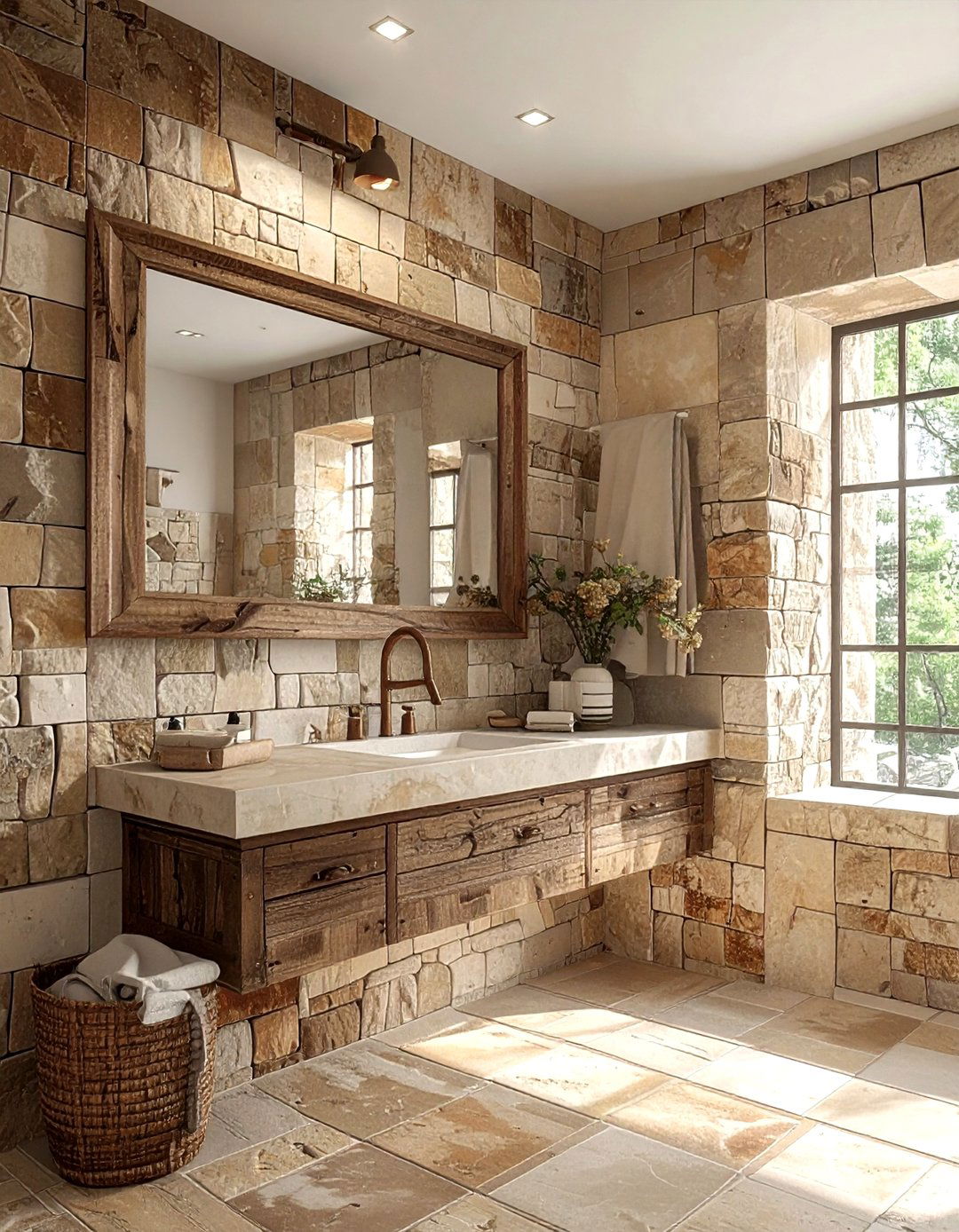 Tumbled stone mosaic wall - 30 stone mosaic bathroom ideas