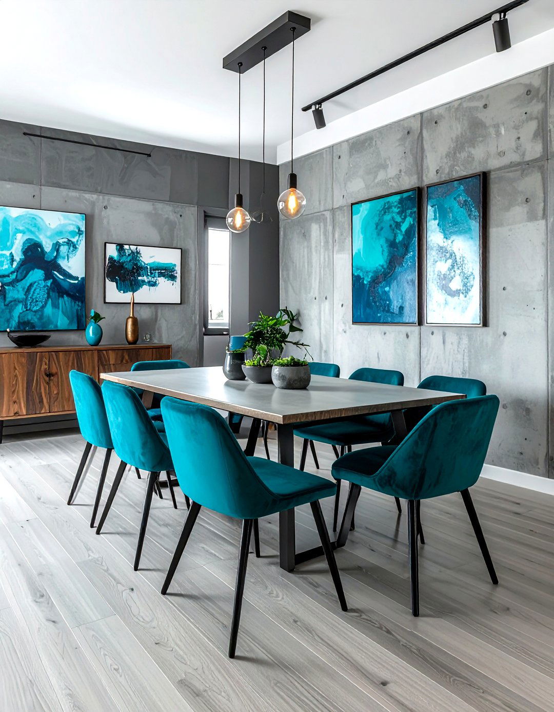 Turquoise Blue And Concrete Gray Dining Room - 30 blue and gray dining room ideas