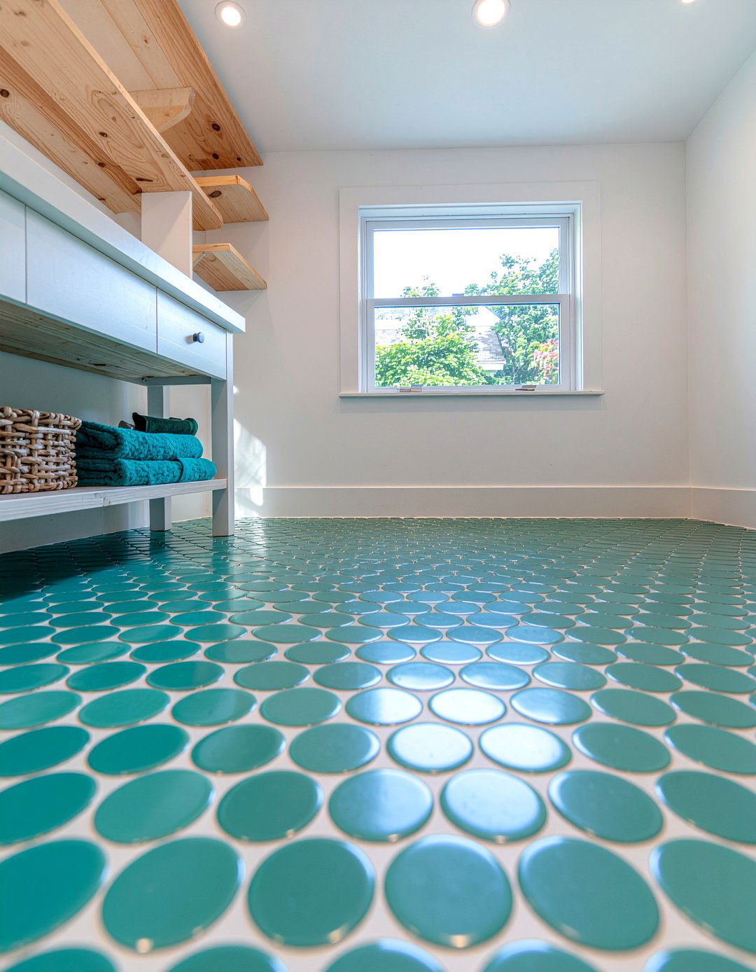 Turquoise Round Penny Tile - 30 mosaic tile bathroom ideas
