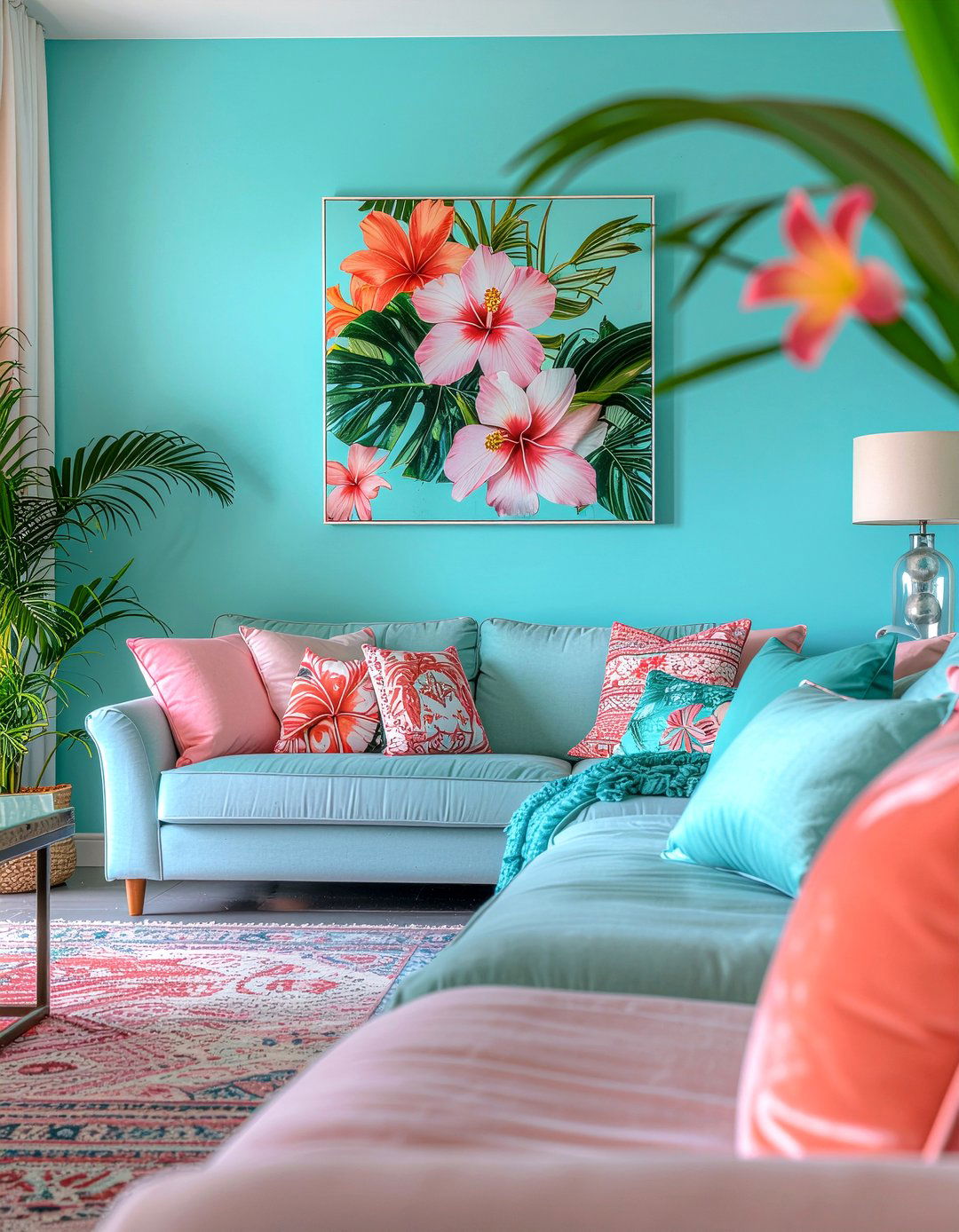 Turquoise and coral living room - 30 turquoise living room ideas