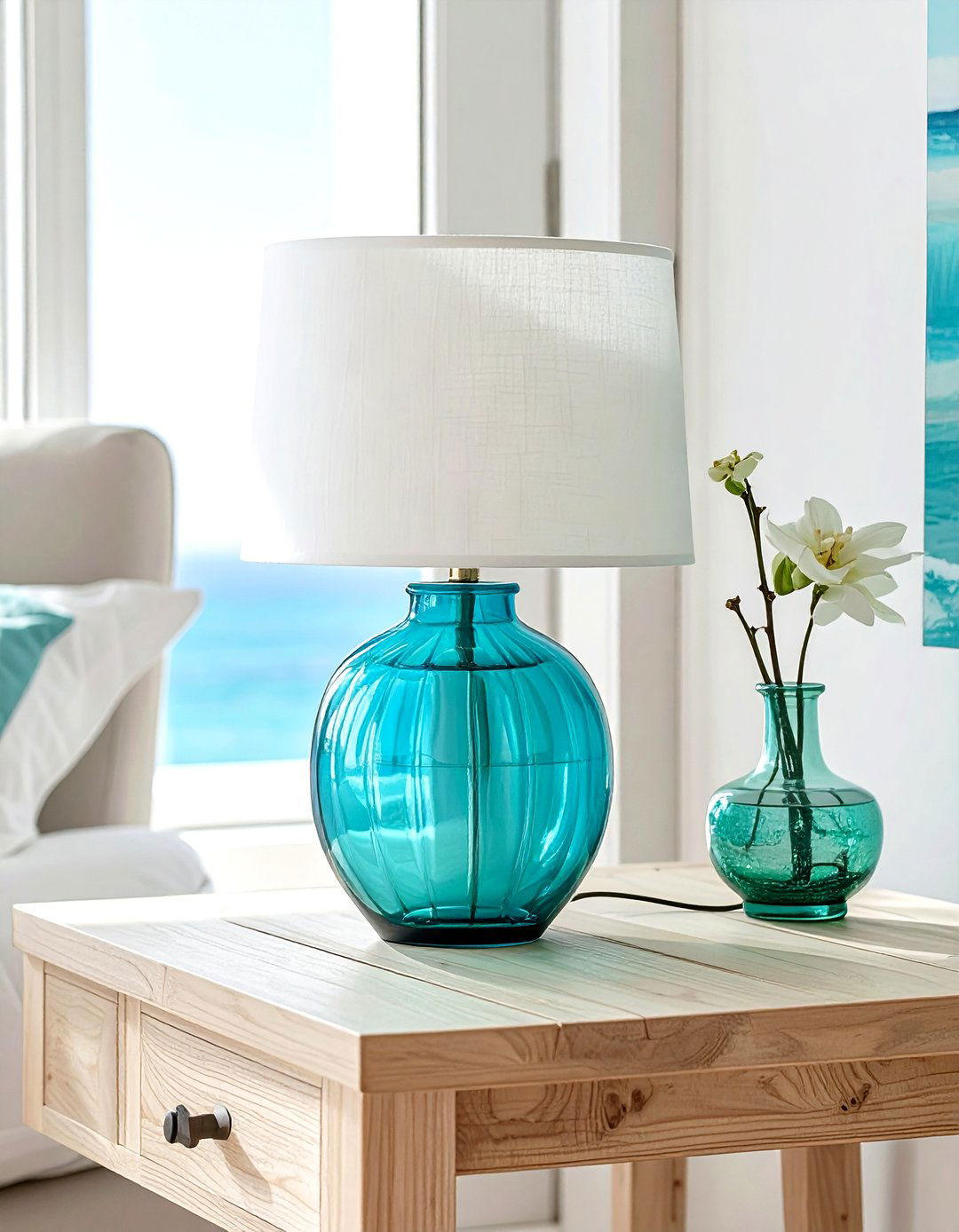 Turquoise glass lamp - 30 coastal decor ideas