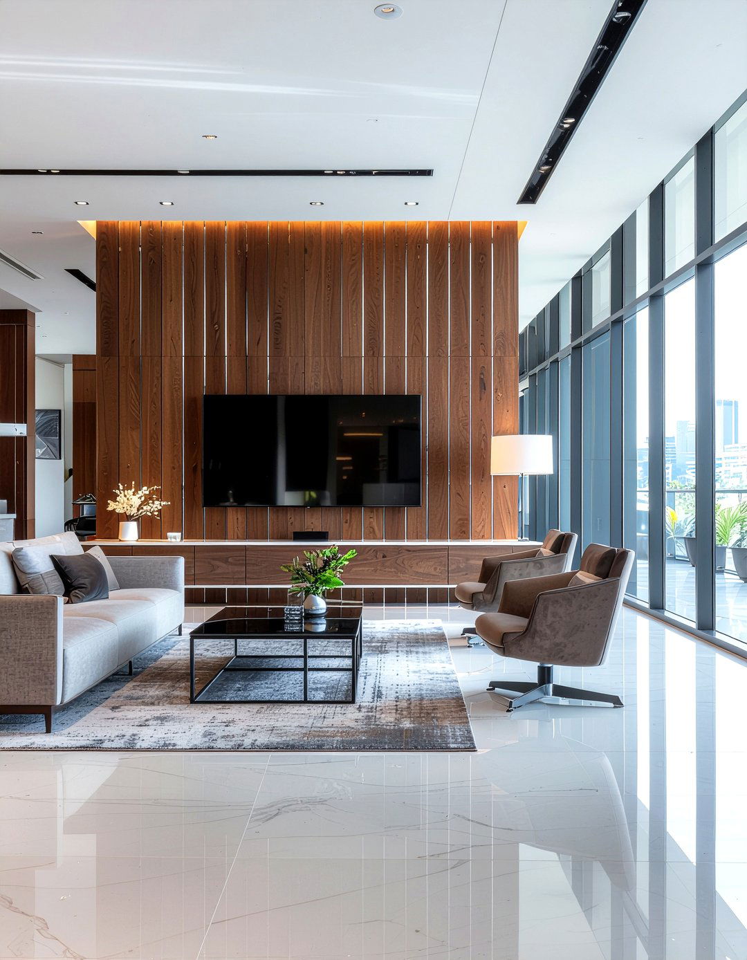 Tv wall with vertical slats - 30 living room wall mounted tv ideas