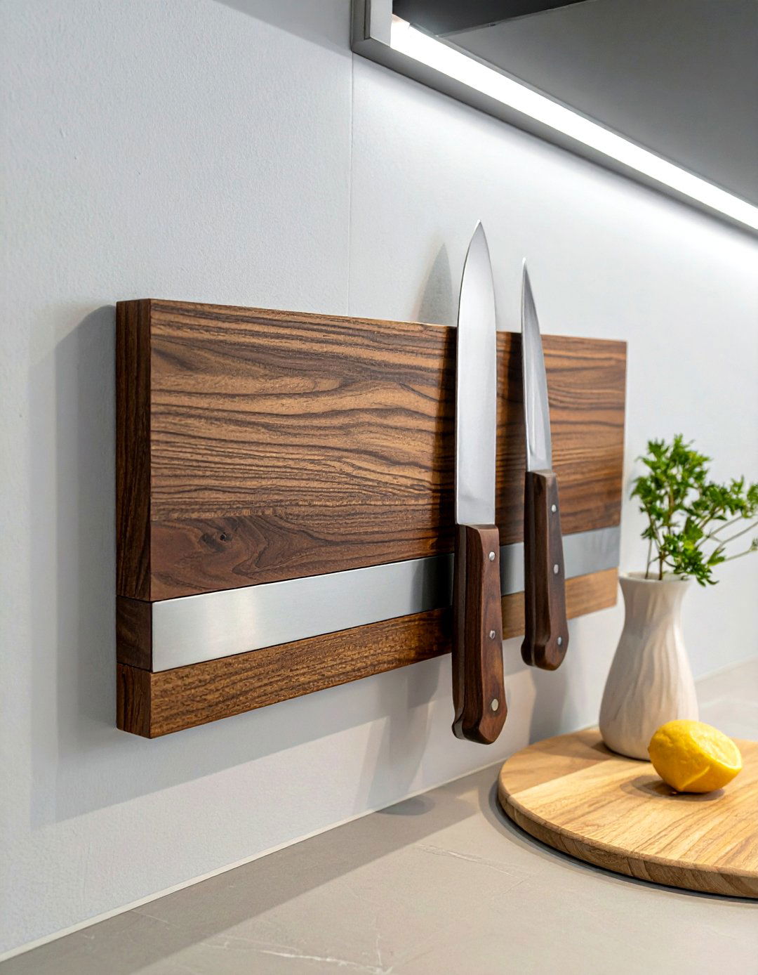 Two Tone Magnetic Knife Strip For Visual Interest - 30 magnetic knife strip kitchen ideas