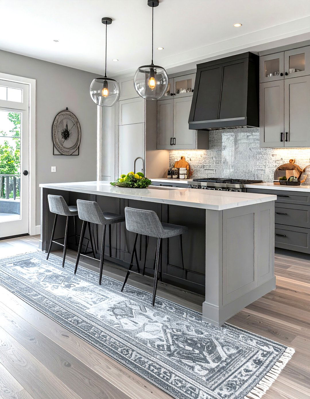Two tone grey kitchen with textile runners - 30 grey kitchen accessories ideas