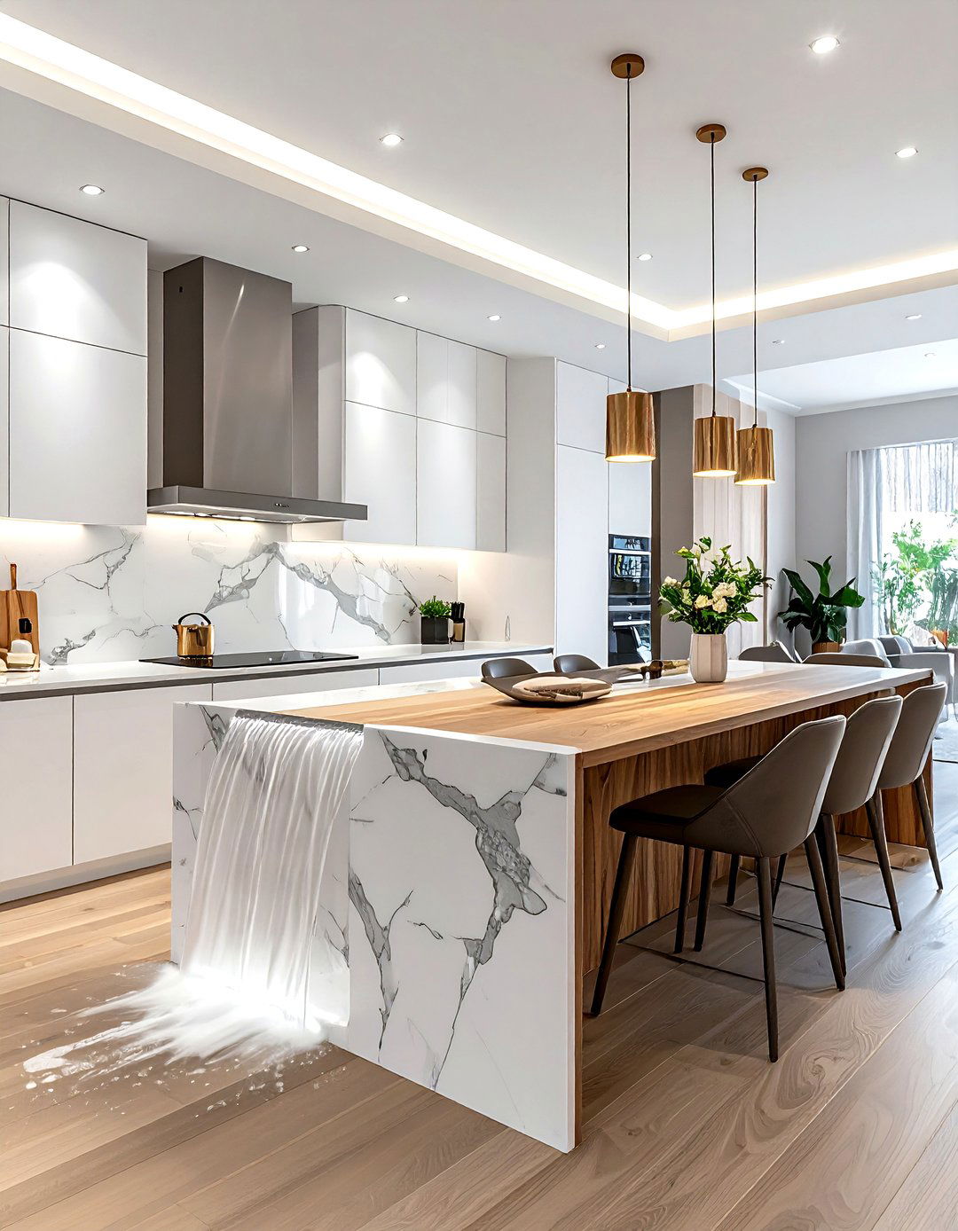 Two tone waterfall island - 30 waterfall countertop kitchen ideas