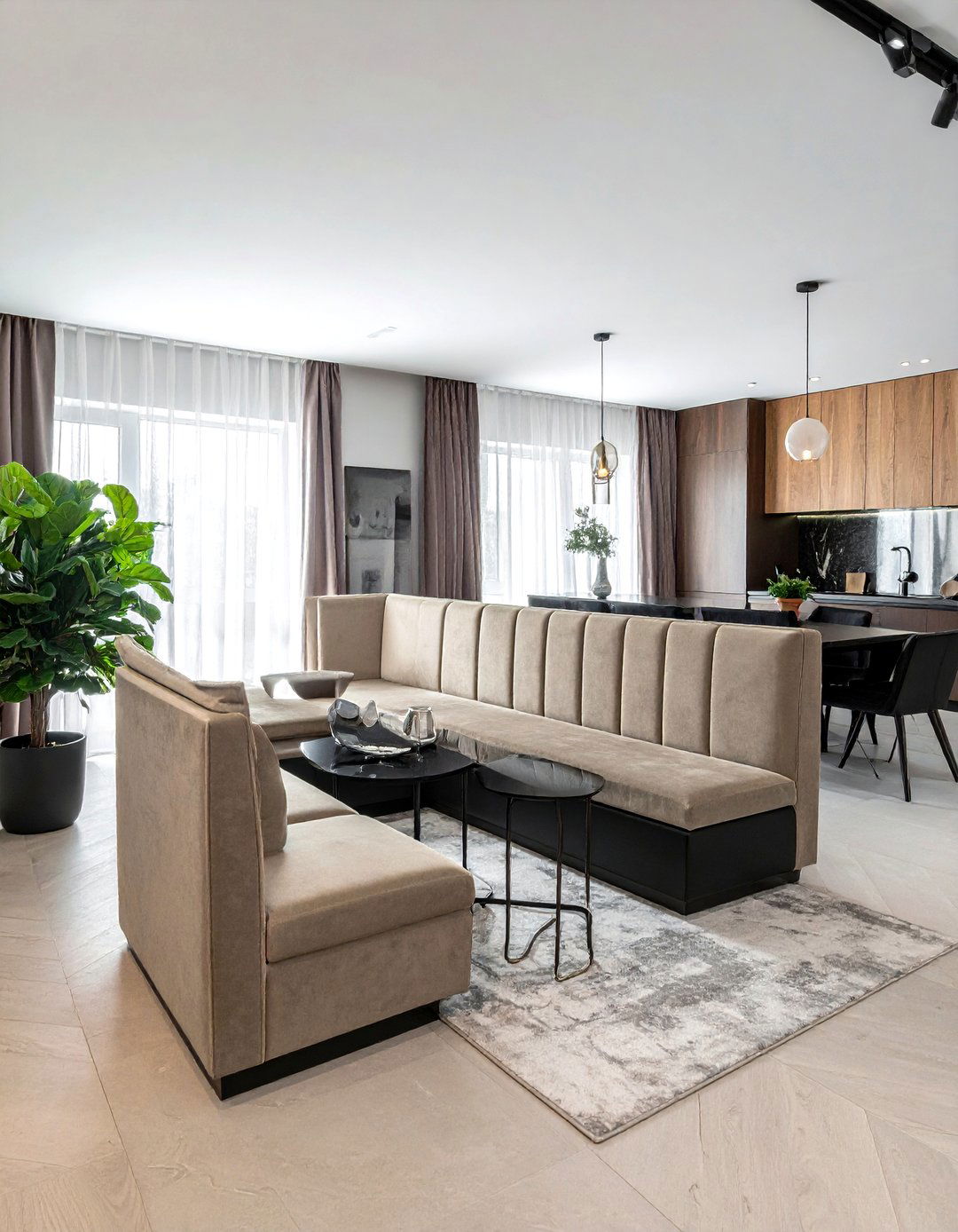 U shaped banquette in open floor plan - 30 U-shaped banquette dining ideas