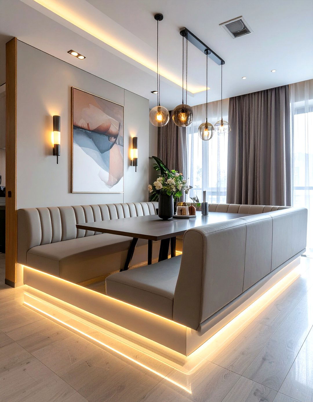 U shaped banquette with built in lighting - 30 U-shaped banquette dining ideas