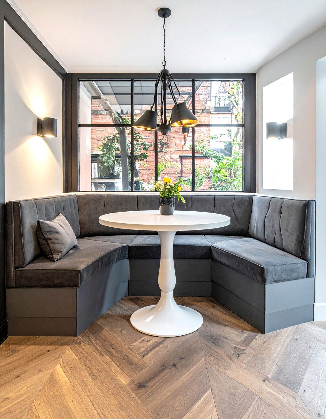 U shaped banquette with pedestal table - 30 U-shaped banquette dining ideas