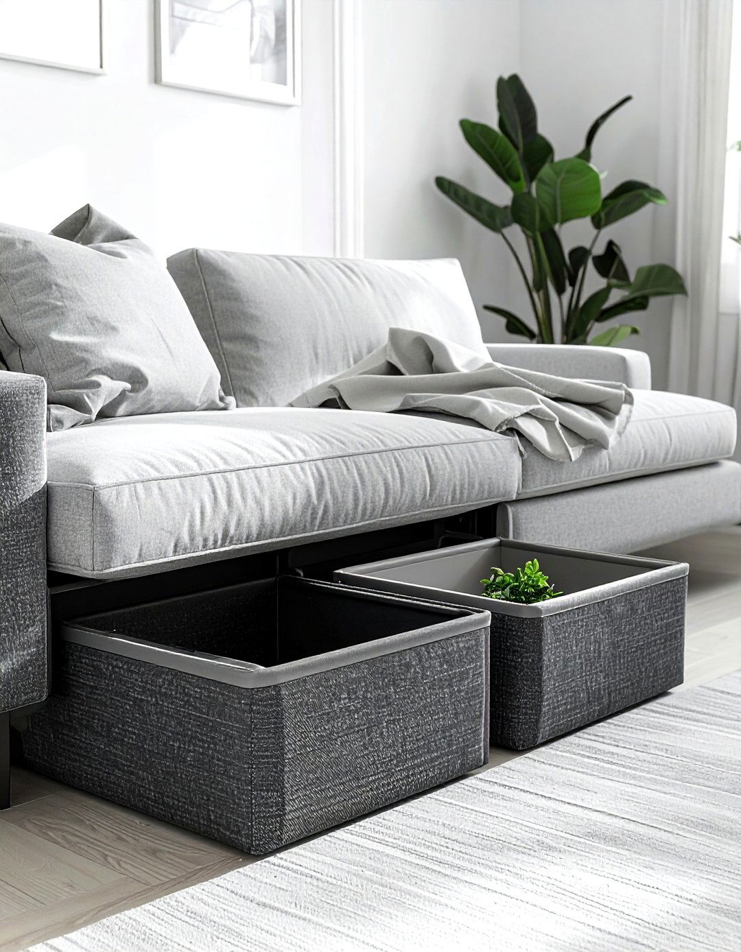 Under Sofa Storage - 30 living room organization ideas